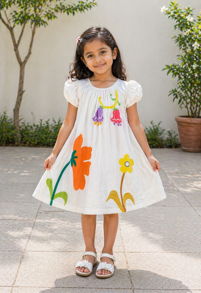 Puff Sleeve Floral Print Cotton Dress