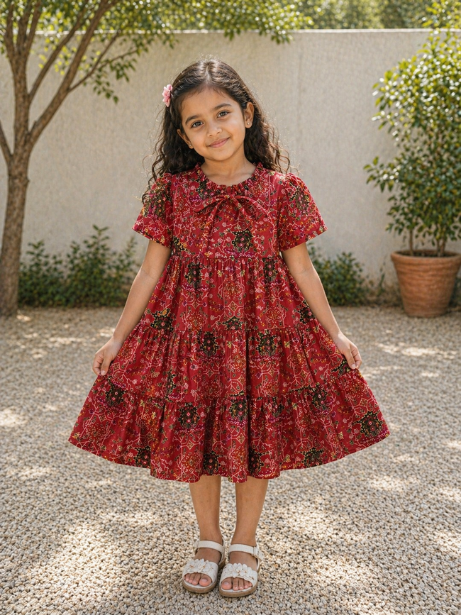 Tiered Printed Cotton Dress with Tie Neck