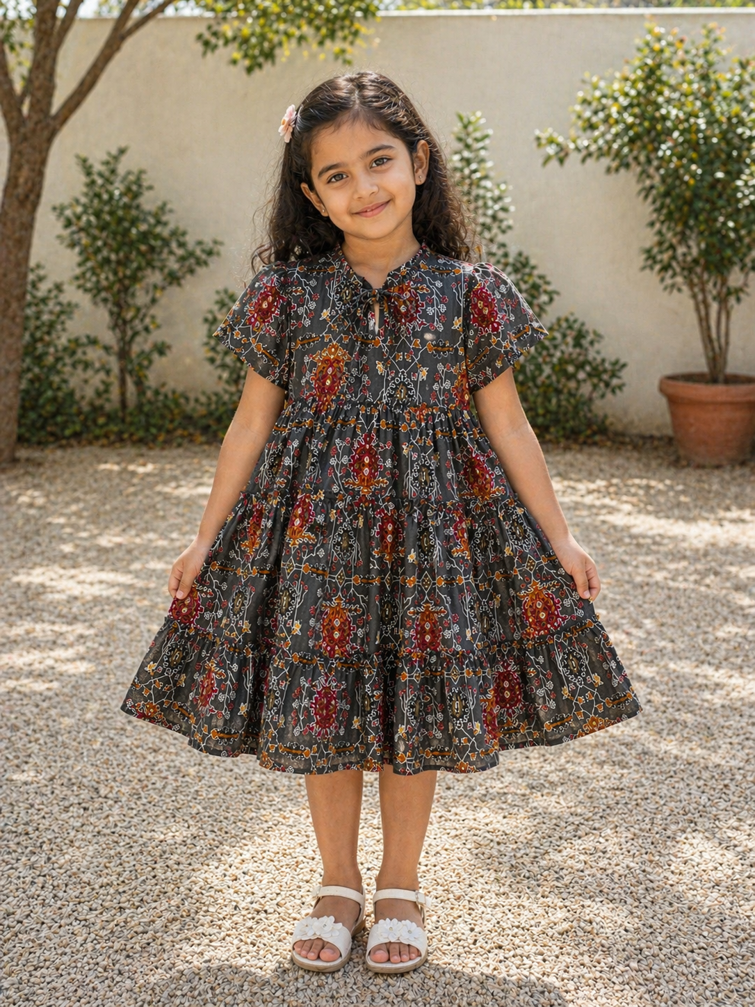 Tiered Printed Cotton Dress with Tie Neck
