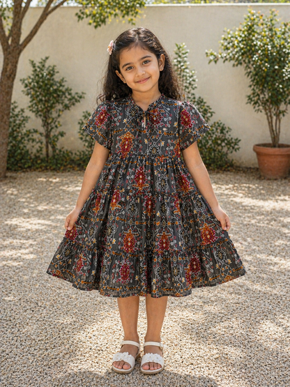 Tiered Printed Cotton Dress with Tie Neck
