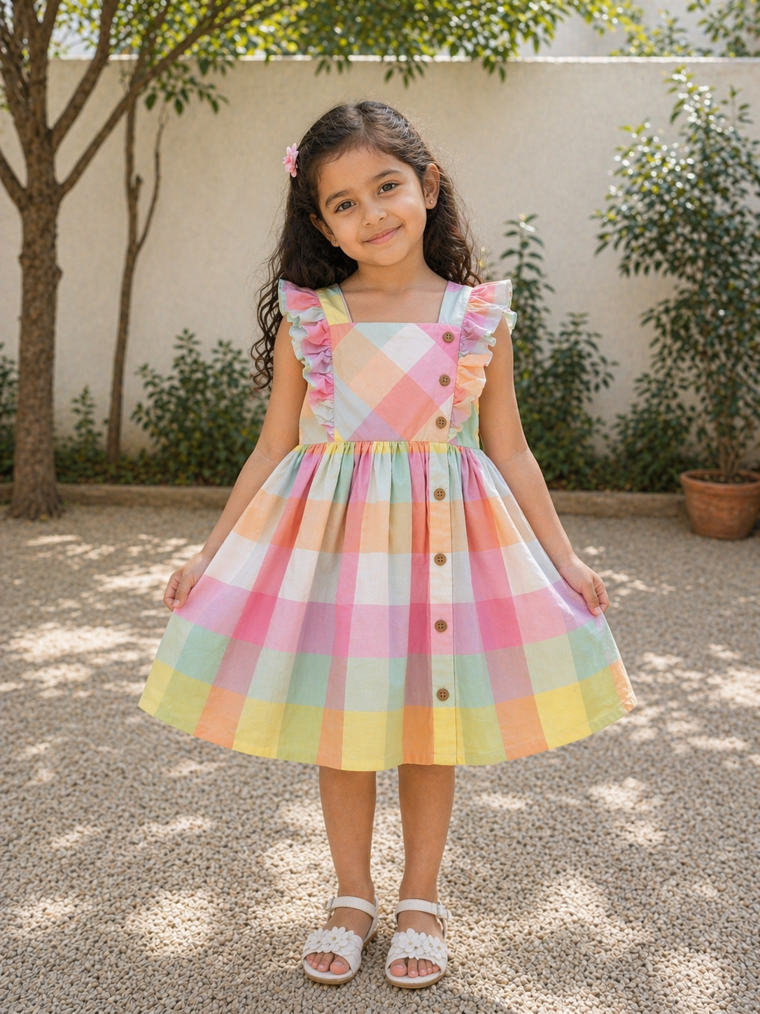 Ruffle Strap Checked Cotton Dress