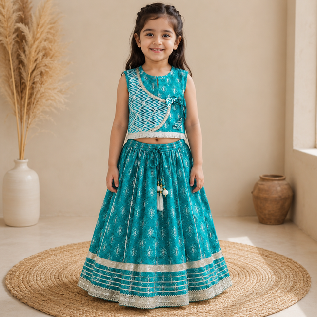 Turquoise Printed Cotton Lehenga Choli Set