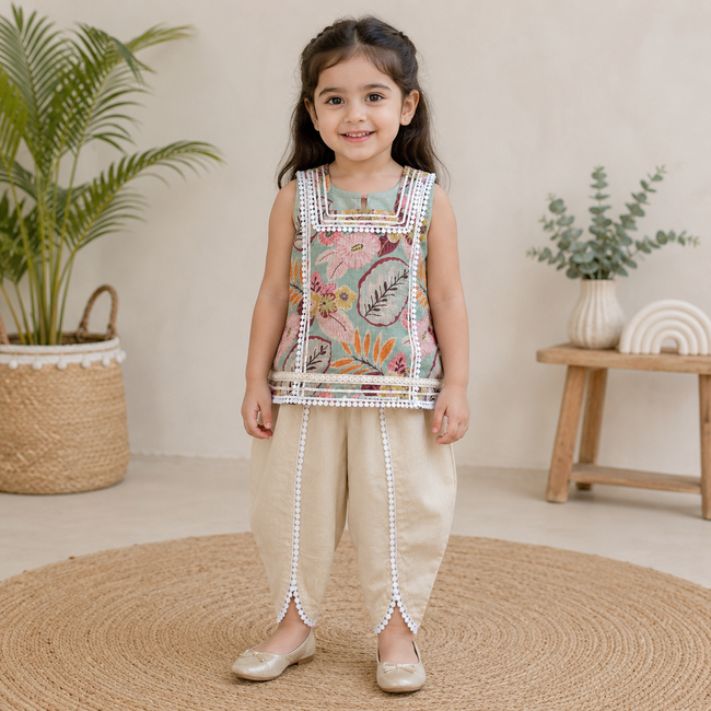 Sage Floral Dhoti Set