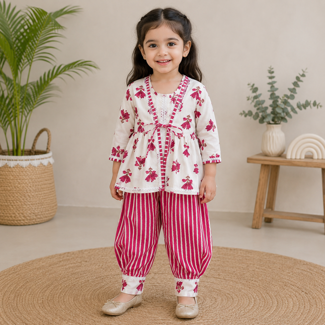 Pink Floral Cotton Jacket & Dhoti Pants Set