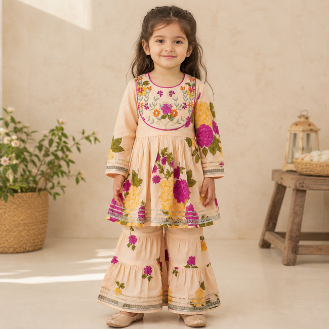 Peach Floral Cotton Top & Sharara Set