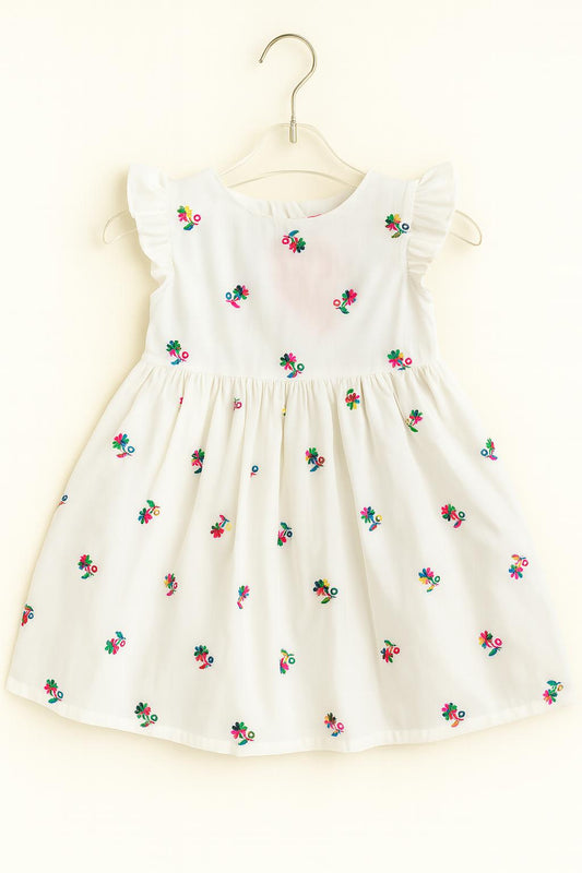 White frock with multicolor floral embroidery