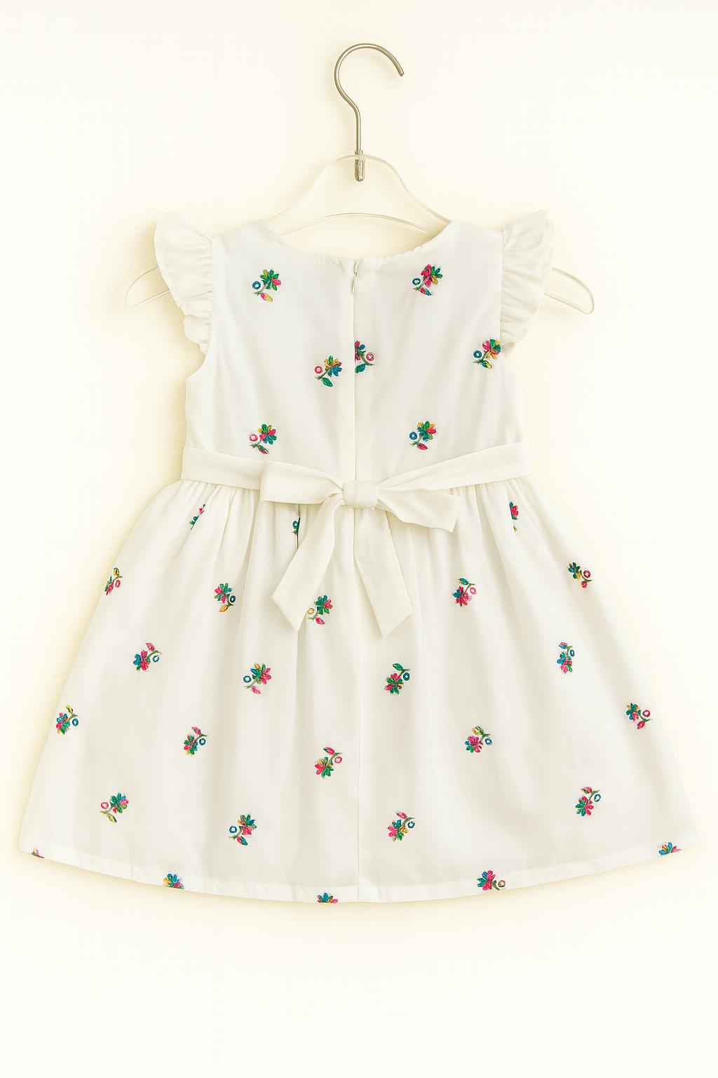 White frock with multicolor floral embroidery