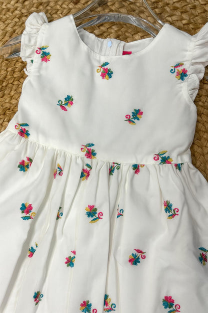 White frock with multicolor floral embroidery