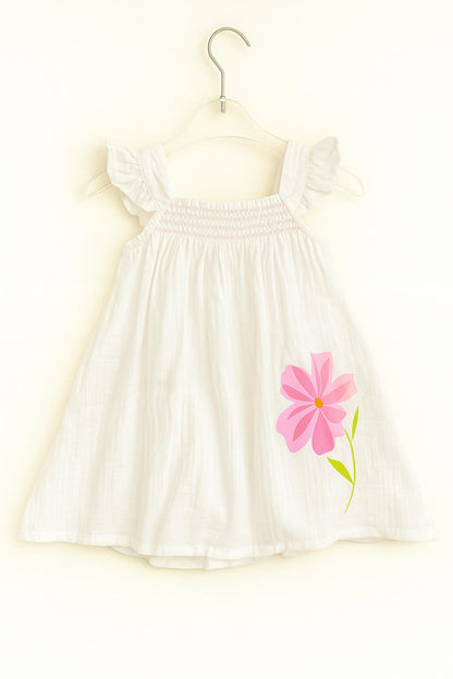 Cotton sleeveless frocks with smocking and flower print
