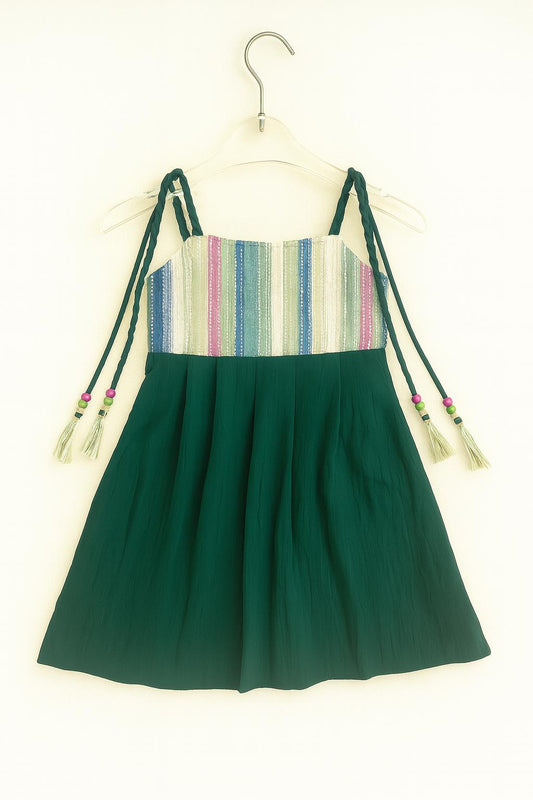Green frock with multicolor striped yoke