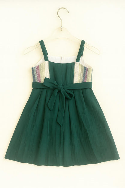 Green frock with multicolor striped yoke