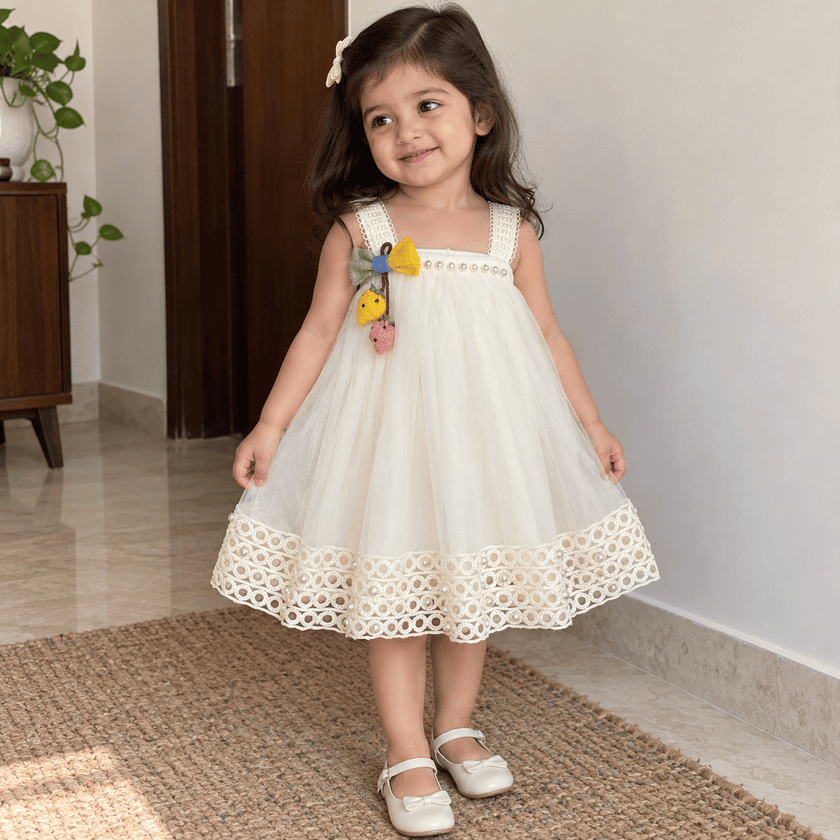 Ivory Pearl Lace Bow Dress