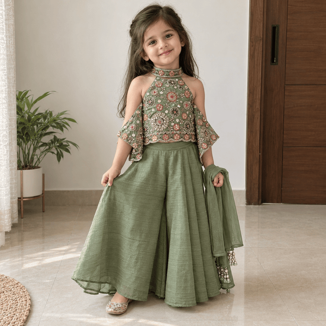 Sage Floral Embellished Sharara Set