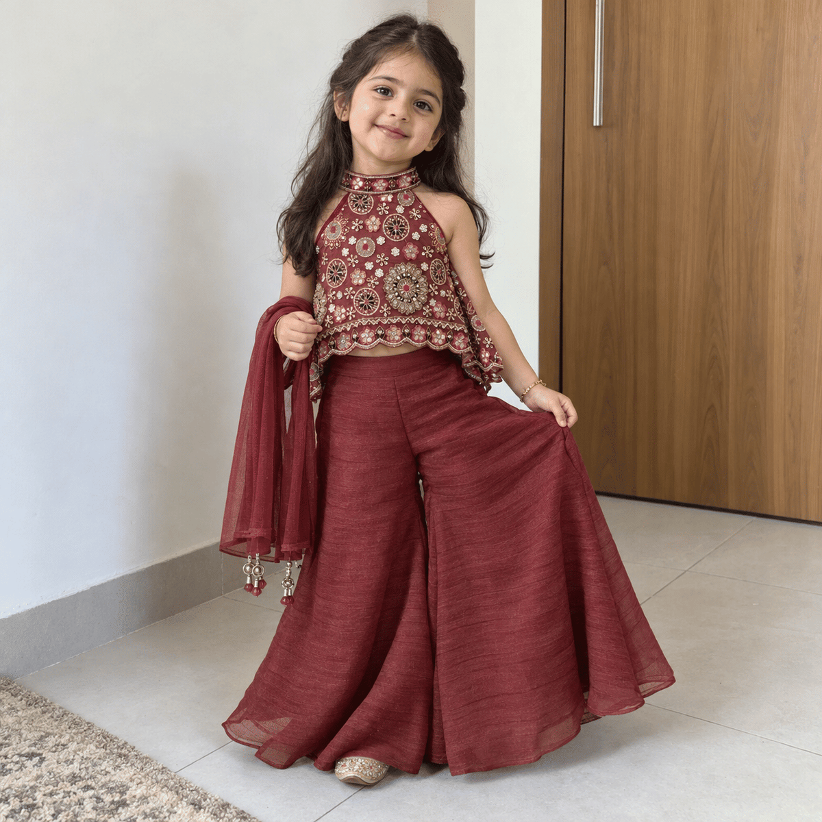 Maroon Floral Embellished Sharara Set
