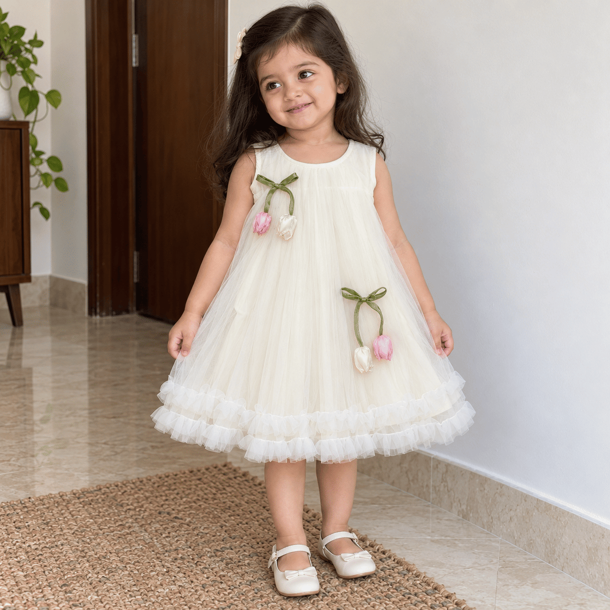 Ivory Tulip Bow Ruffle Dress