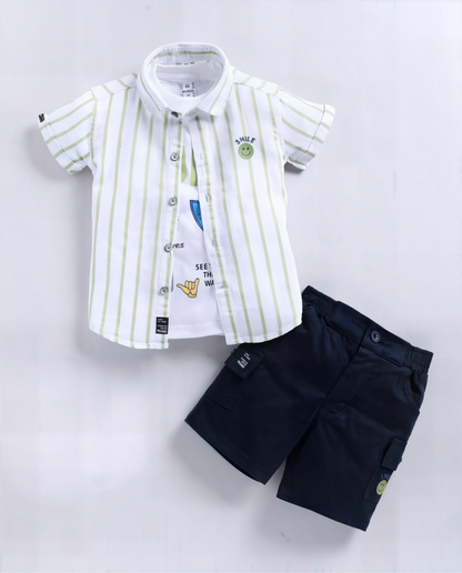 KIDZELLO Kids Striped Shirt with Graphic Tee & Shorts Set