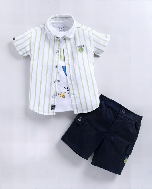 KIDZELLO Kids Striped Shirt with Graphic Tee & Shorts Set