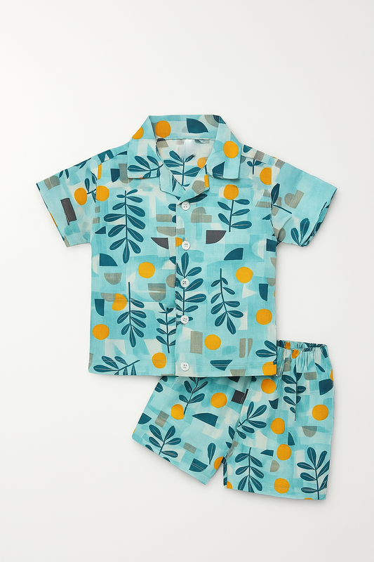 TXXI JUNIOR Leaf Printed Cuban Collar Shirt and Shorts Co-ord Set