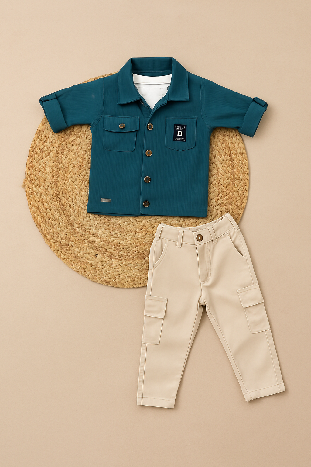 Green Printed Shirt & Beige Shorts Set