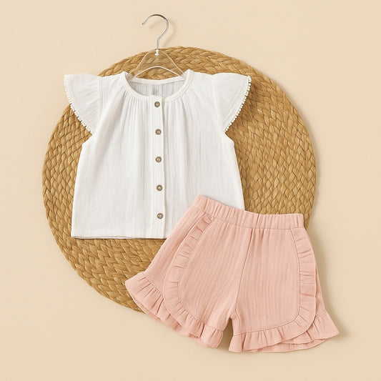 Muslin White Ruffle Top & Peach Shorts Set for Girls