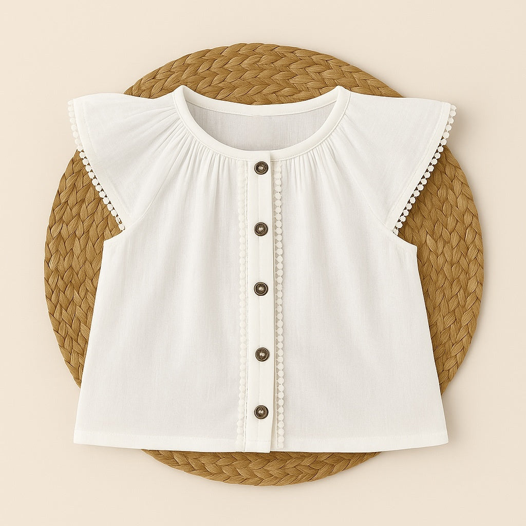 Muslin White Ruffle Top & Peach Shorts Set for Girls