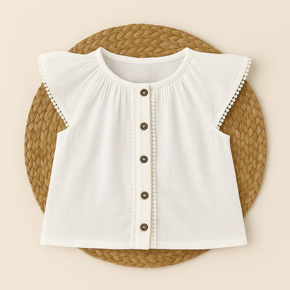 Muslin White Ruffle Top & Peach Shorts Set for Girls