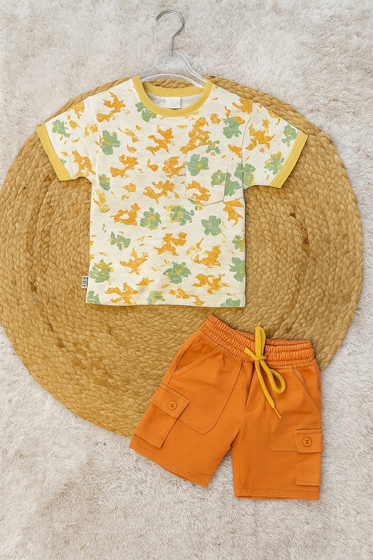 Yellow Printed Tee with Orange Cargo Shorts