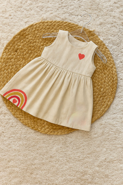 Pink cotton frock with colorful flower appliqués