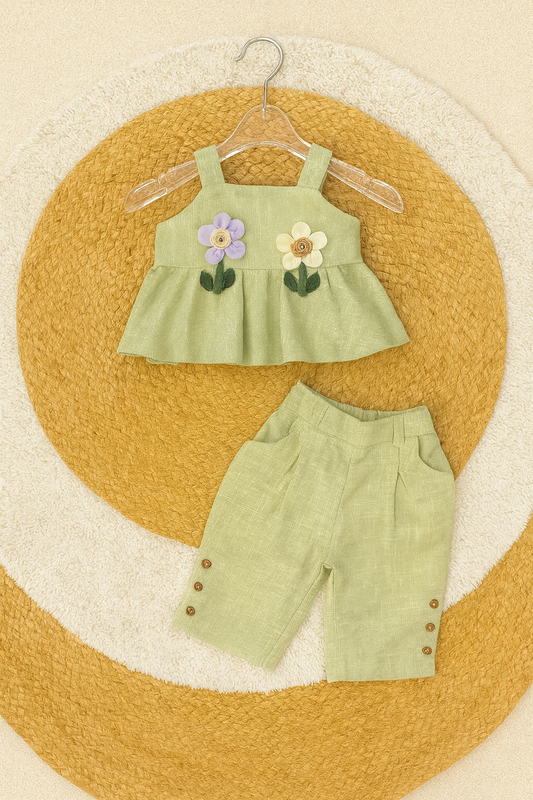 Pista green Western linen set with 3D florals