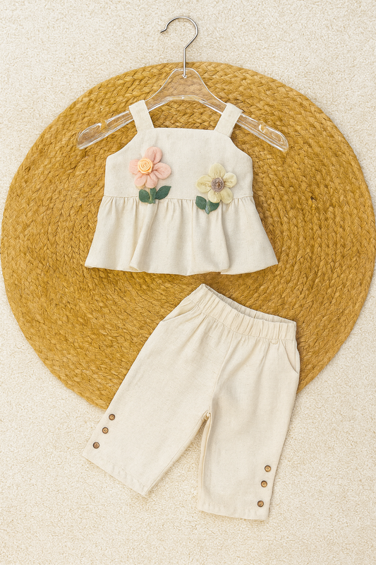 Cream linen Western set with 3D florals