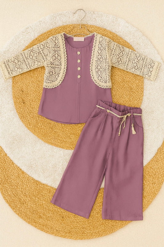 Onion Pink jumpsuit with lace shrug for girls