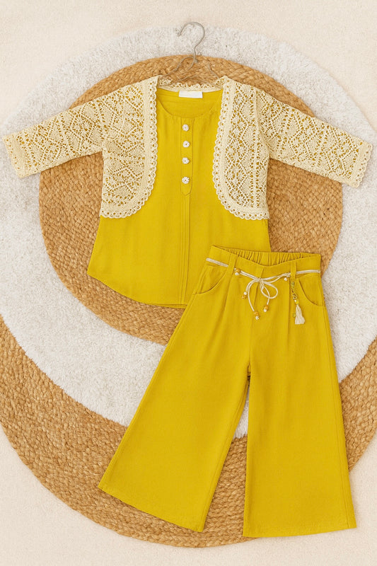 Mustard jumpsuit with lace shrug for girls