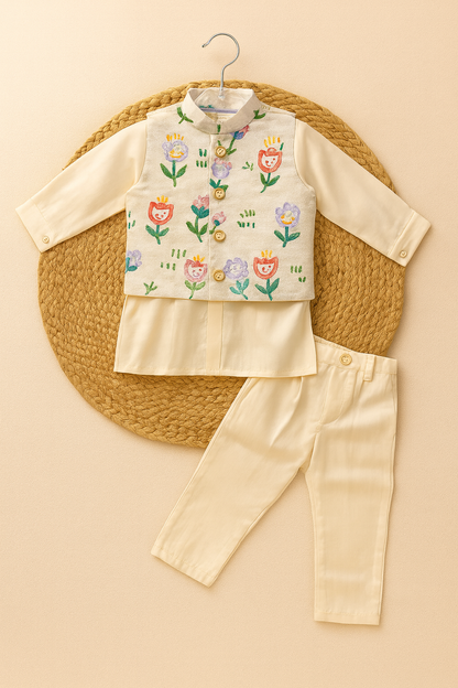 Elegant Cream Embroidery Kurta jacket set