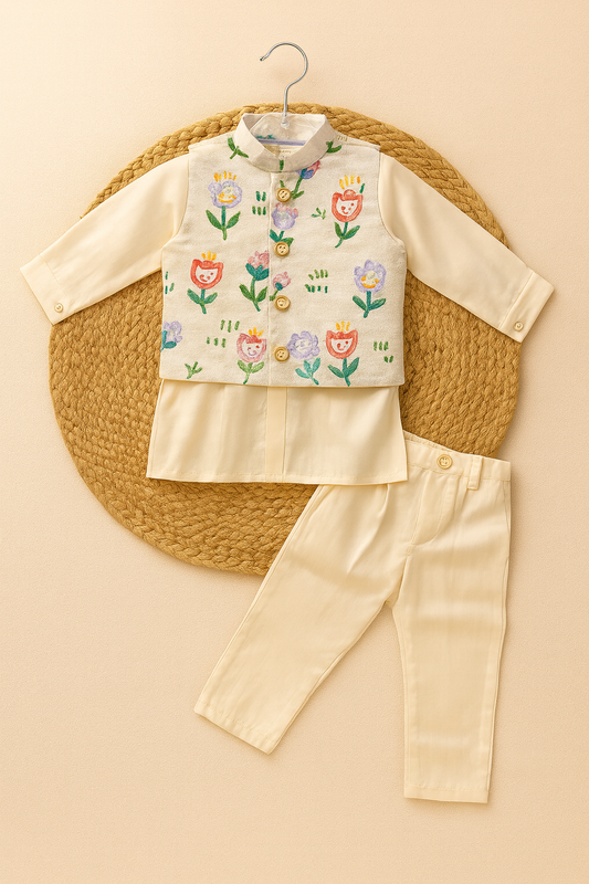 Elegant Cream Embroidery Kurta jacket set
