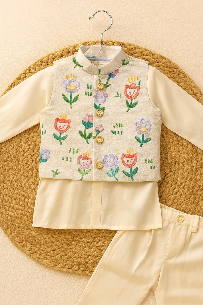 Elegant Cream Embroidery Kurta jacket set