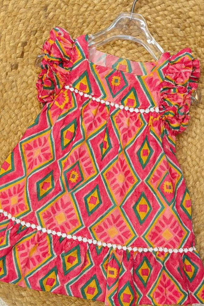 Vibrant pink geometric printed cotton frock