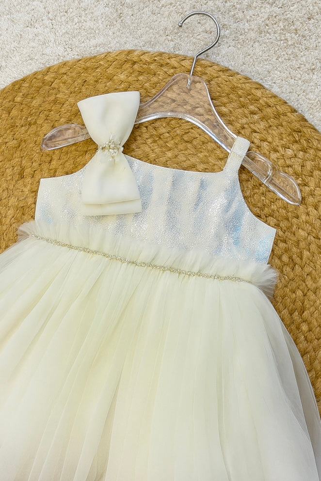 Elegant shimmer party frock with big bow detail