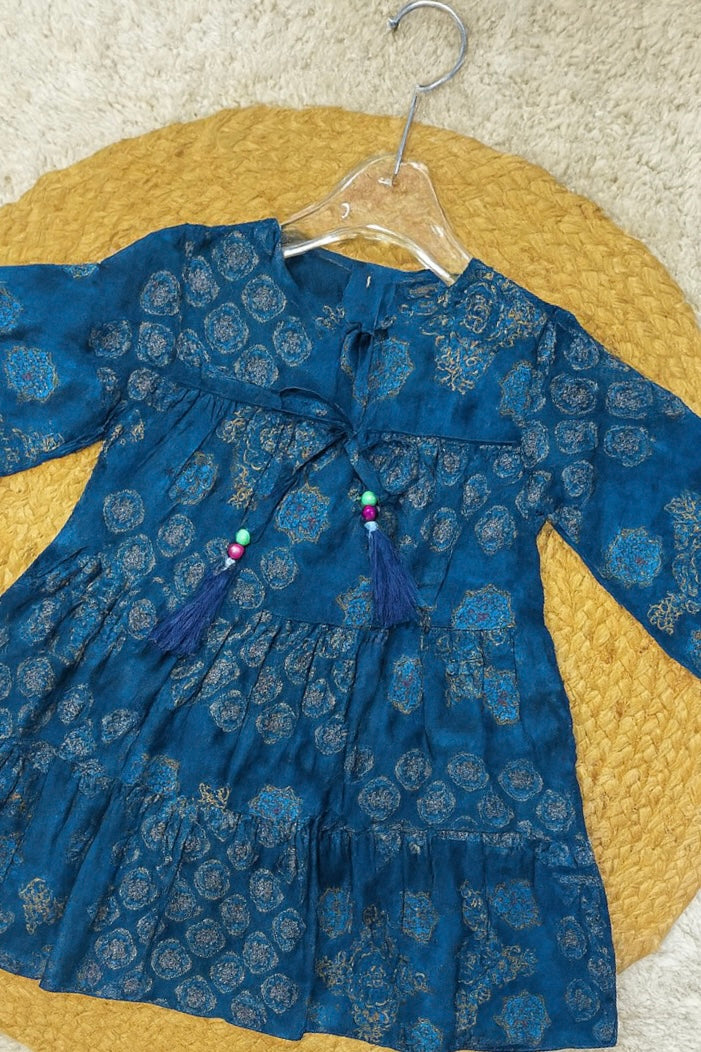 Blue Printed Tiered Ethnic Dress with Tassels