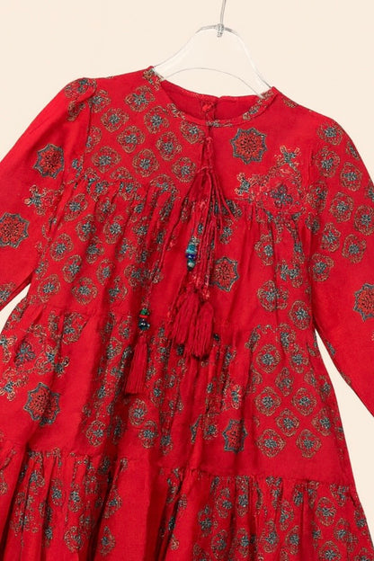 Red Printed Tiered Ethnic Dress with Tassels