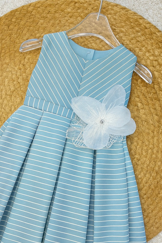 Sky Blue Striped Party Frock with Big Flower Bow