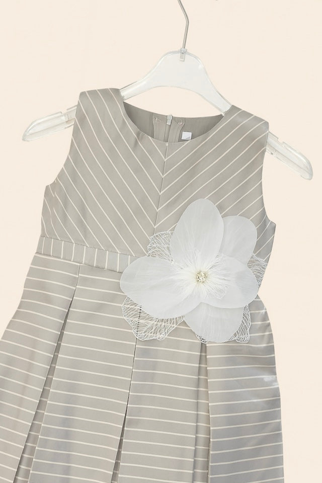 Grey Striped Party Frock with Big Flower Bow
