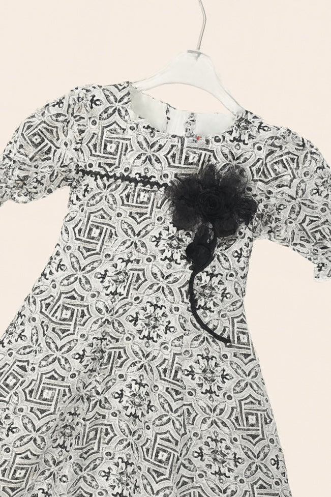 Black & White Baroque Print Frock with Floral Brooch