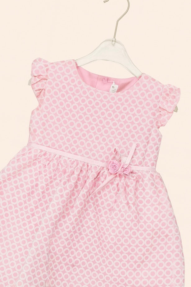 Light Pink Circle Print Casual Frock with Floral Bow Detail