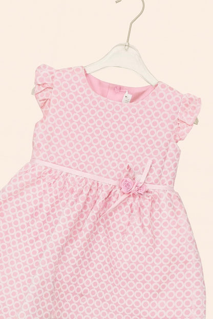 Light Pink Circle Print Casual Frock with Floral Bow Detail