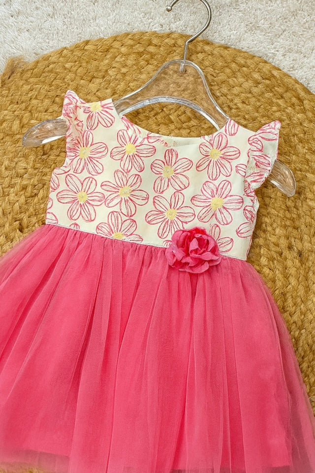 Baby Pink Flower Print Frock with Floral Bow Detail