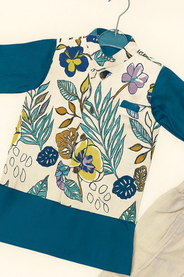 Boys' Floral Print Kurta Set with Nehru Jacket