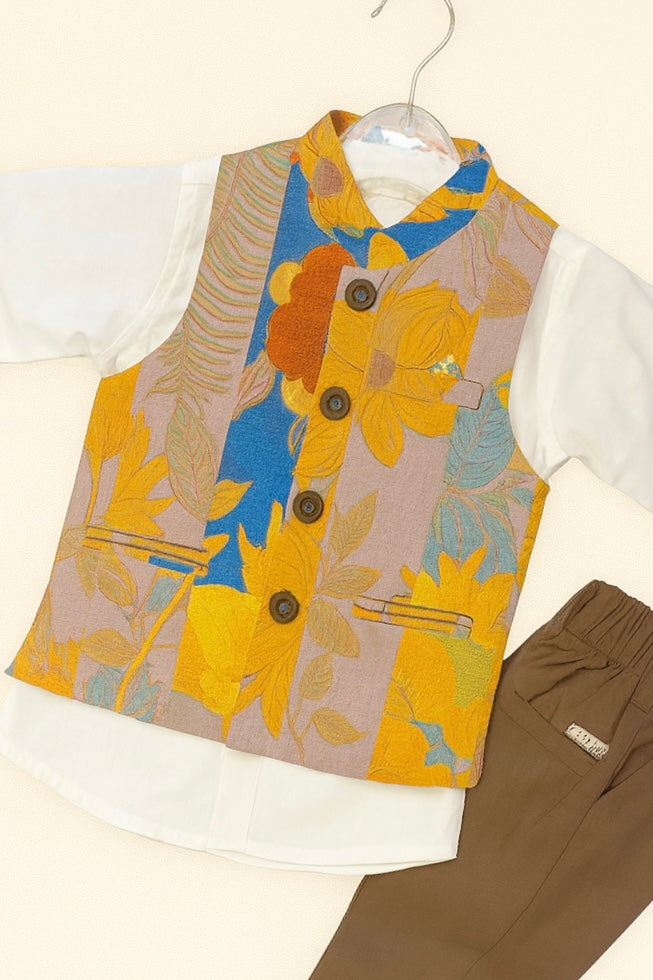 Boys' Cream Kurta with Multicolor Floral Nehru Jacket & Brown Pants Set