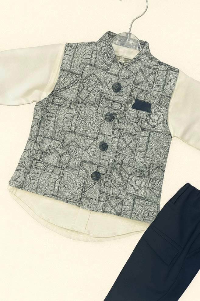 Boys' Cream Kurta with Monochrome Printed Nehru Jacket & Black Pants Set