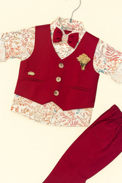 Boys’ Maroon Waistcoat Party Suit Set with Printed Shirt & Bow Tie