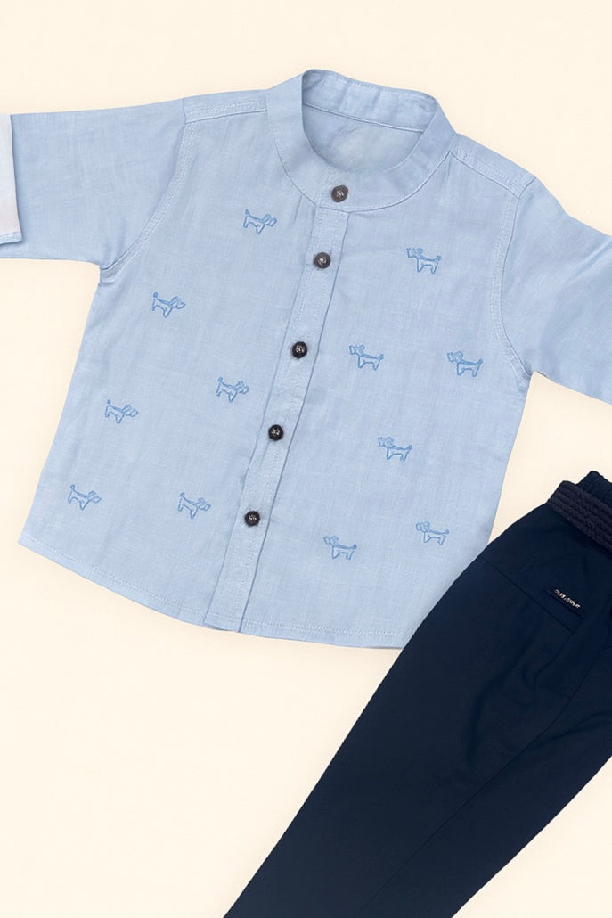 Boys Sky Blue Embroidered Shirt & Pant Set